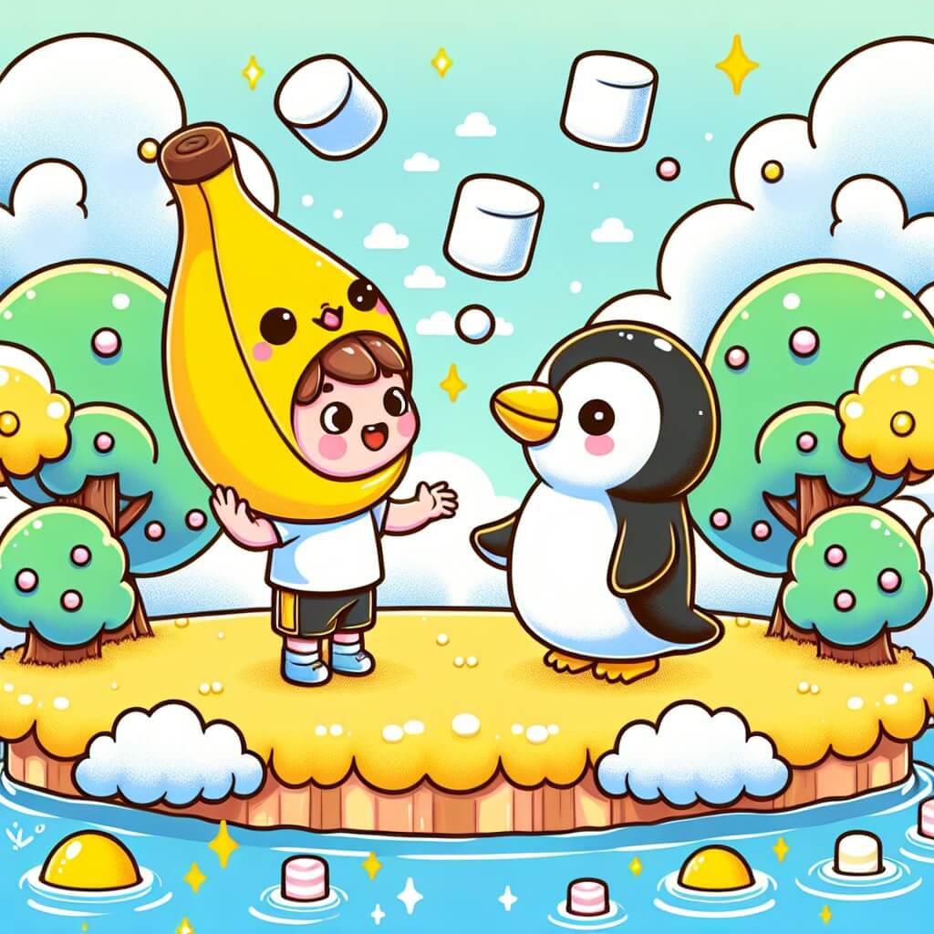 Une illustration destinée aux enfants représentant un petit garçon portant un chapeau en forme de banane, se retrouvant nez à nez avec un pingouin jongleur, dans un monde où les arbres sont faits de guimauve et les nuages sont des marshmallows, situé sur une île flottante au-dessus d'un océan de limonade pétillante.