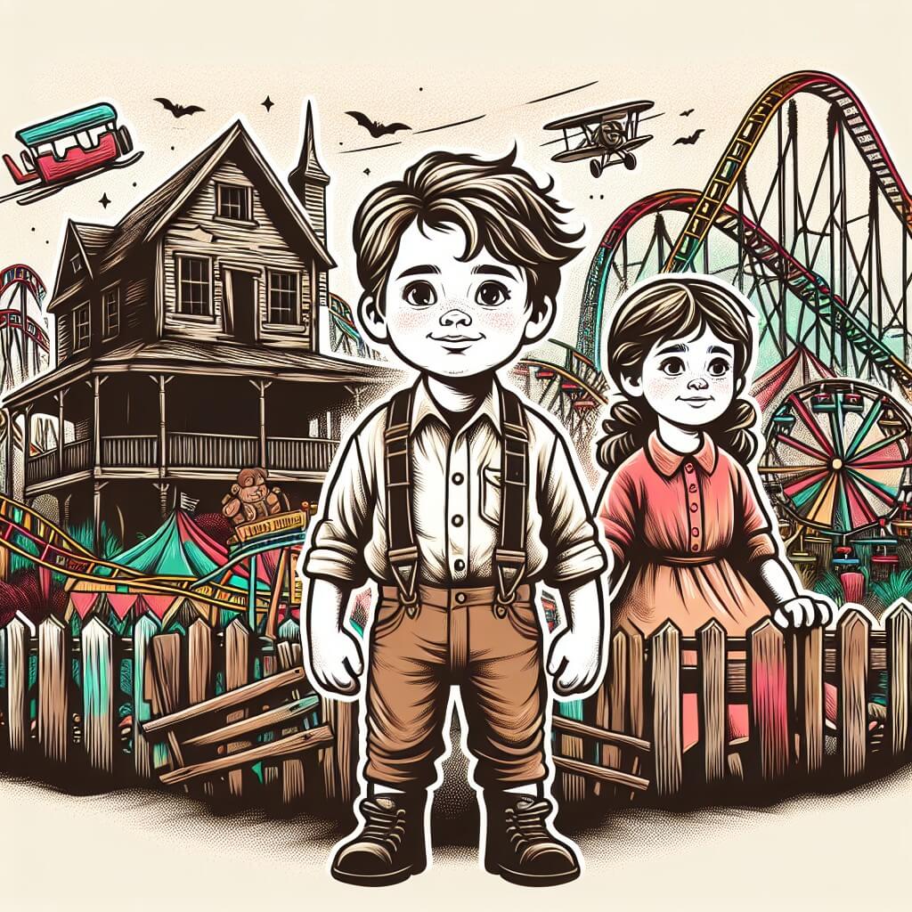 Une illustration destinée aux enfants représentant un petit garçon intrépide se tenant devant une maison abandonnée, accompagné de sa sœur aînée, dans un parc d'attractions coloré rempli de montagnes russes, de manèges et de stands de jeux.