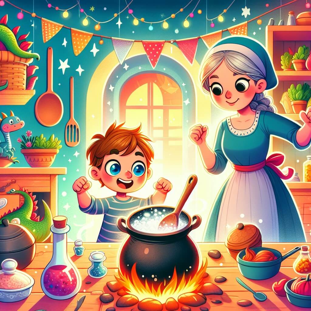 Une illustration destinée aux enfants représentant un petit garçon aux yeux brillants, confronté à un défi impossible, accompagné de sa maman, dans une cuisine chaleureuse et colorée remplie de casseroles, ustensiles et ingrédients magiques.