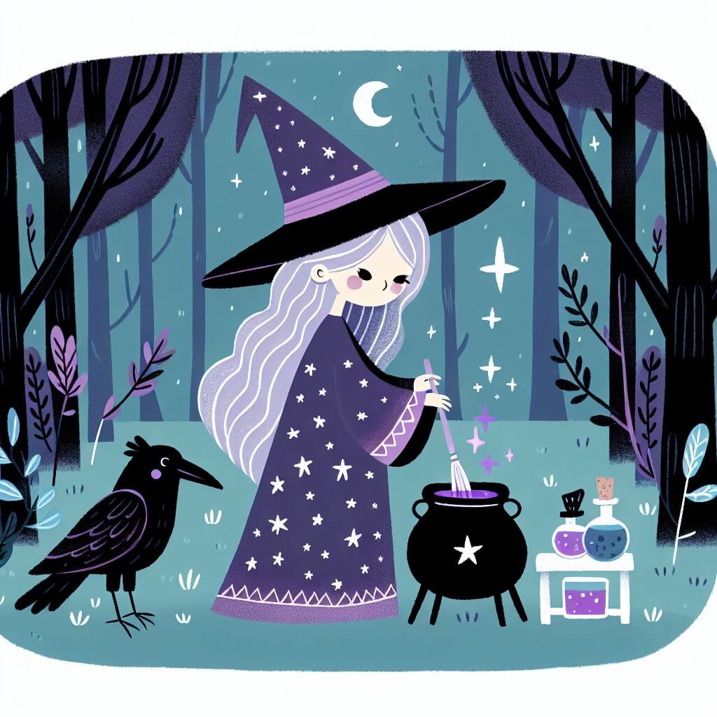 Une illustration destinée aux enfants représentant une sorcière aux longs cheveux argentés, vêtue d'une robe violette ornée d'étoiles scintillantes, en train de concocter une potion magique dans une mystérieuse forêt enchantée, accompagnée de son fidèle corbeau noir.