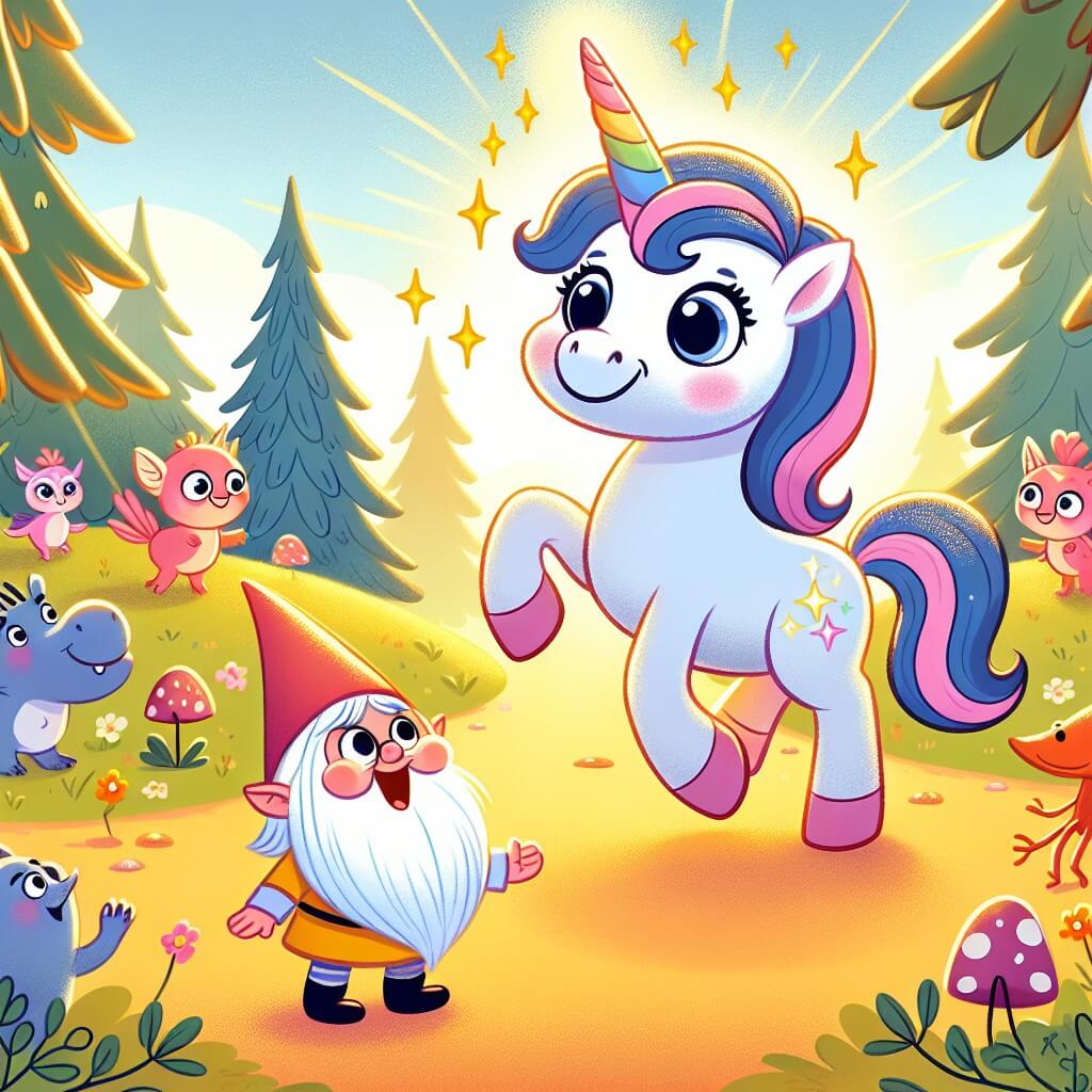 Une illustration destinée aux enfants représentant une licorne joyeuse et étincelante, se trouvant dans une forêt enchantée peuplée de créatures rigolotes, où elle rencontre un petit lutin farceur.