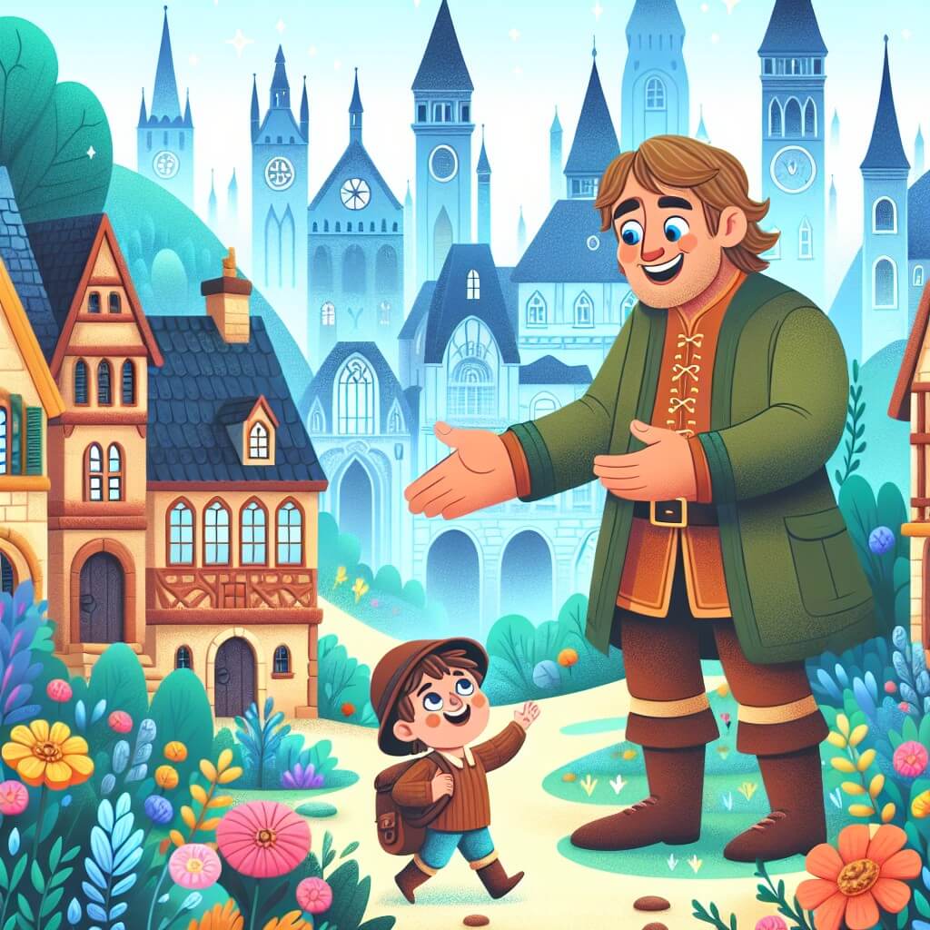 Une illustration destinée aux enfants représentant un géant bienveillant et souriant, faisant la découverte d'un jeune aventurier curieux, dans une ville enchantée aux bâtiments gigantesques et aux jardins remplis de fleurs colorées.