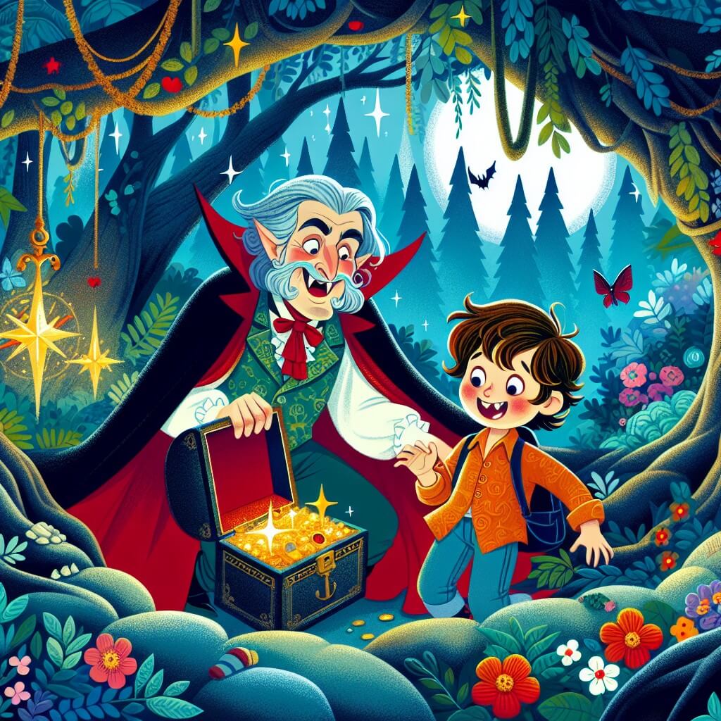 Une illustration destinée aux enfants représentant un vampire rigolo, accompagné d'un enfant aventurier, découvrant un trésor caché dans une grotte enchantée, entourée d'arbres majestueux aux feuilles chatoyantes et de fleurs aux couleurs magiques dans le Bosque Encantado.