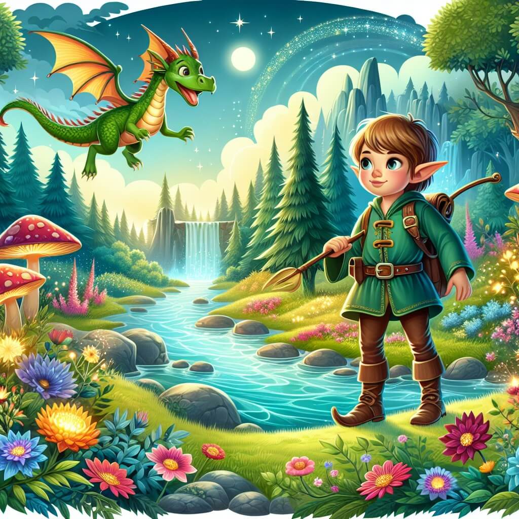 Une illustration destinée aux enfants représentant un elfe courageux se tenant au bord d'une rivière enchantée, avec un dragon amical volant à ses côtés, dans un paysage luxuriant rempli de fleurs colorées, de champignons brillants et d'arbres majestueux.