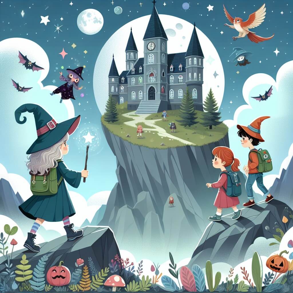 Une illustration destinée aux enfants représentant une sorcière curieuse et imaginative, accompagnée de ses amis magiques, explorant une école de sorcellerie perchée au sommet d'une montagne mystérieuse.