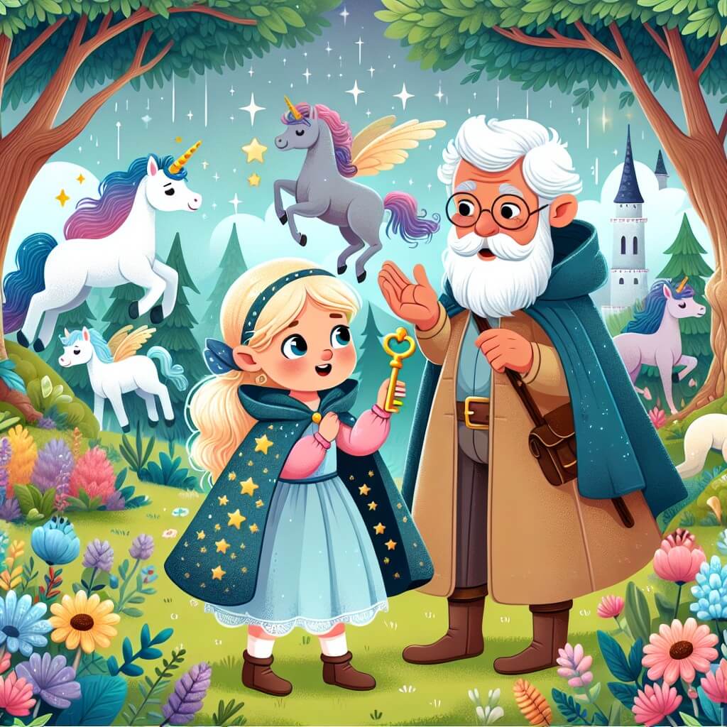 Une illustration destinée aux enfants représentant une petite fille curieuse, vêtue d'une cape étoilée, découvrant une clé magique dans une forêt enchantée, accompagnée de son sage grand-père, dans un paysage luxuriant rempli de créatures fantastiques telles que des licornes galopant entre les arbres majestueux et des elfes dansant joyeusement parmi les fleurs multicolores.