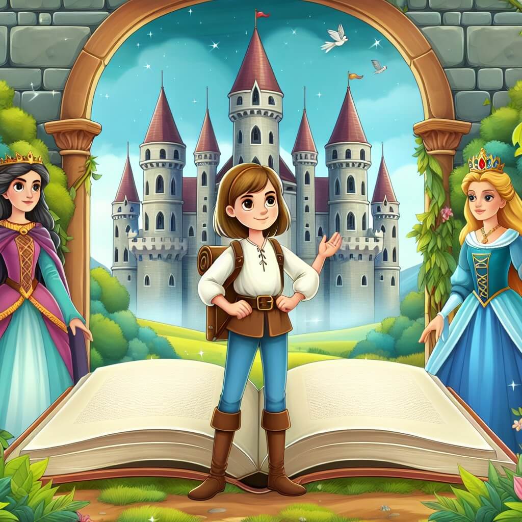 Une illustration destinée aux enfants représentant une femme courageuse et curieuse, se tenant devant un ancien livre magique, accompagnée d'une reine élégante, dans un majestueux château médiéval entouré de hautes tours et de jardins luxuriants.