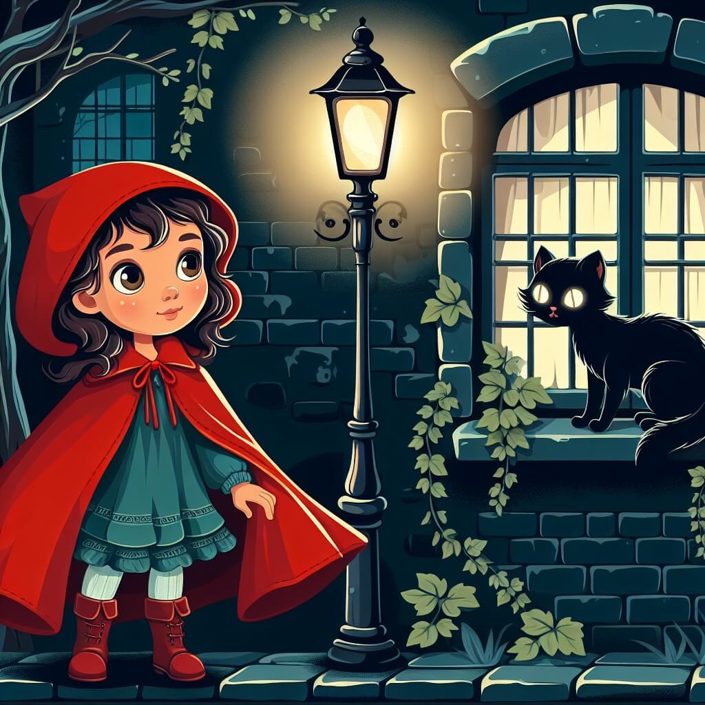 Une illustration destinée aux enfants représentant une petite fille aux cheveux bouclés, vêtue d'une cape rouge, se tenant devant un vieux lampadaire dans une ruelle sombre et mystérieuse de la ville, tandis qu'un chat noir aux yeux brillants l'observe depuis une fenêtre ornée de lierre.