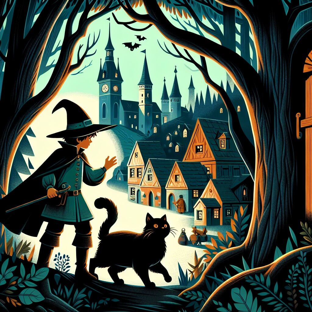 Une illustration destinée aux enfants représentant une apprentie sorcière intrépide, plongée dans une aventure magique aux côtés d'un fidèle chat noir, dans un village enchanté niché au cœur d'une forêt luxuriante, où les arbres semblent murmurer des secrets enchantés.