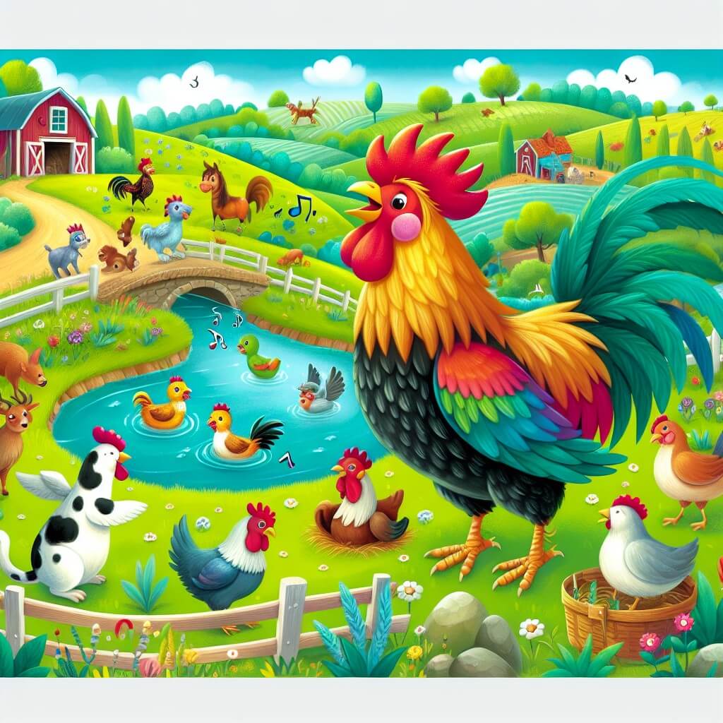 Une illustration destinée aux enfants représentant un coq au plumage éclatant, qui raconte des histoires amusantes avec des animaux, dans une ferme pittoresque entourée de champs verdoyants et d'une charmante petite rivière.