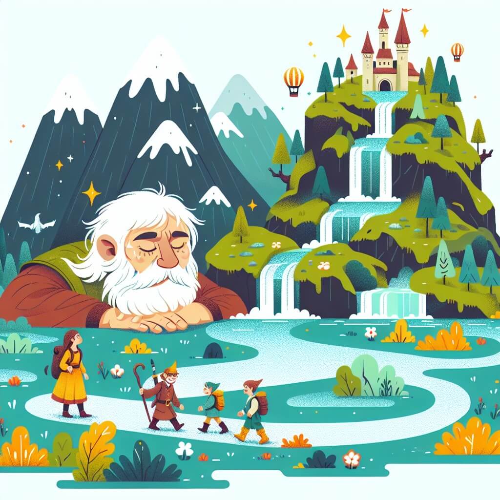 Une illustration destinée aux enfants représentant un géant endormi, un jeune explorateur intrépide, accompagné d'un ami géant, découvrant un royaume enchanté niché au sommet d'une montagne vivante, recouvert de cascades et de rivières scintillantes.