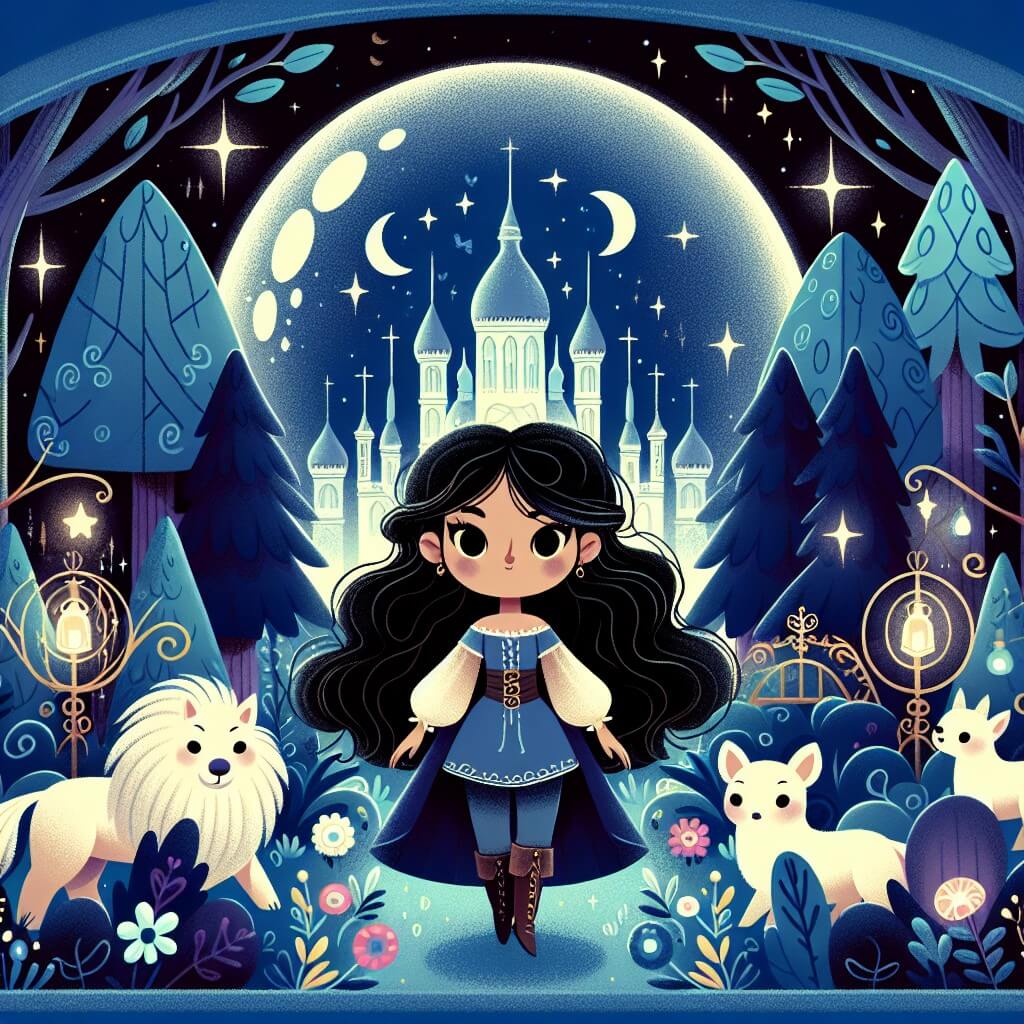 Une illustration destinée aux enfants représentant une femme courageuse aux cheveux noirs comme la nuit, se tenant devant un mystérieux Orbe de los Sueños, entourée de créatures magiques dans un paisible bosquet d'Avalon, un monde enchanté rempli d'arbres majestueux, de fleurs lumineuses et de ruisseaux étincelants.