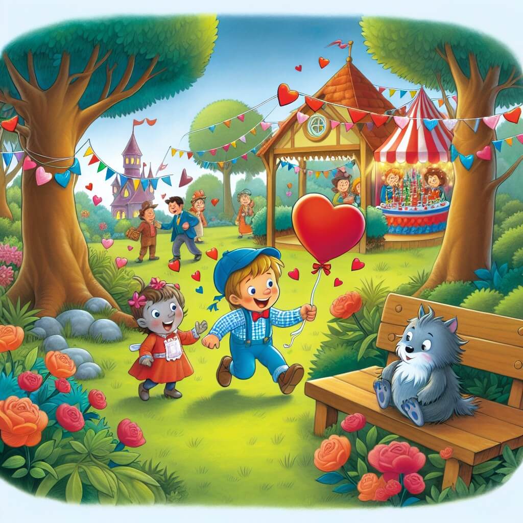 Une illustration destinée aux enfants représentant un petit garçon plein d'énergie, découvrant une fête de la Saint-Valentin dans un parc enchanté, où il fait la rencontre d'un nouvel ami solitaire.