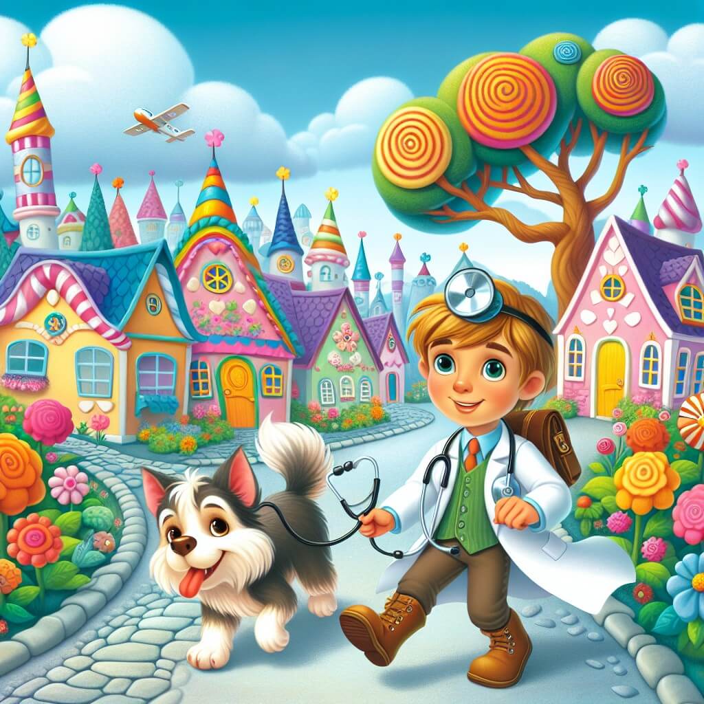 Une illustration destinée aux enfants représentant un jeune médecin intrépide, accompagné de son fidèle chien, qui parcourt les rues colorées d'un village joyeux rempli de maisons aux toits en forme de bonbon, de fleurs géantes et d'arbres aux branches en forme de stéthoscope, prêt à aider tous ceux qui ont besoin de soins médicaux.
