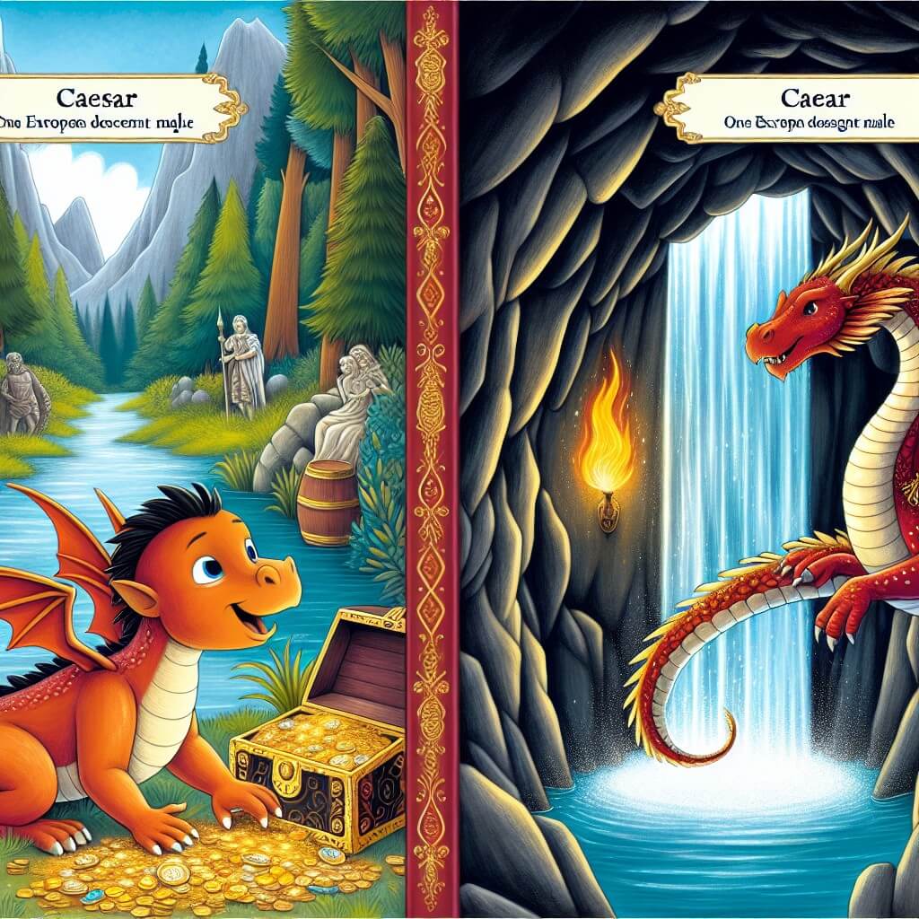 Une illustration destinée aux enfants représentant un dragon espiègle aux ailes frêles découvrant un trésor caché dans une forêt enchantée, accompagné d'un dragon majestueux de feu, dans une grotte secrète derrière une cascade scintillante.