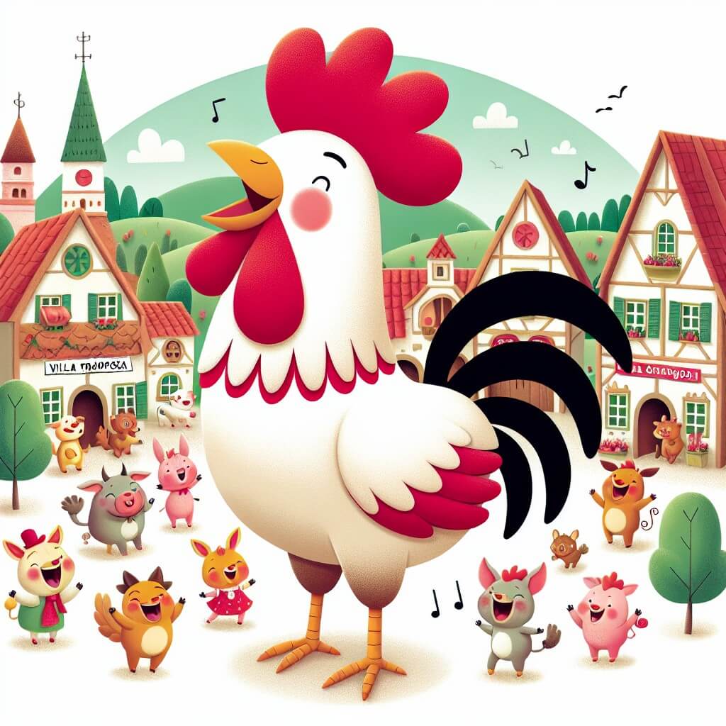 Une illustration destinée aux enfants représentant un fier coq à la crête rouge, se tenant au milieu d'une place animée, entouré d'animaux rieurs, dans le charmant village de Villa Tramposa.