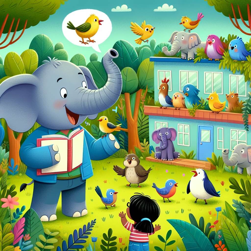 Une illustration destinée aux enfants représentant un éléphant curieux qui découvre un monde où les animaux parlent et vivent comme des humains, avec un oiseau bavard comme personnage secondaire, dans une école colorée au cœur de la jungle luxuriante.