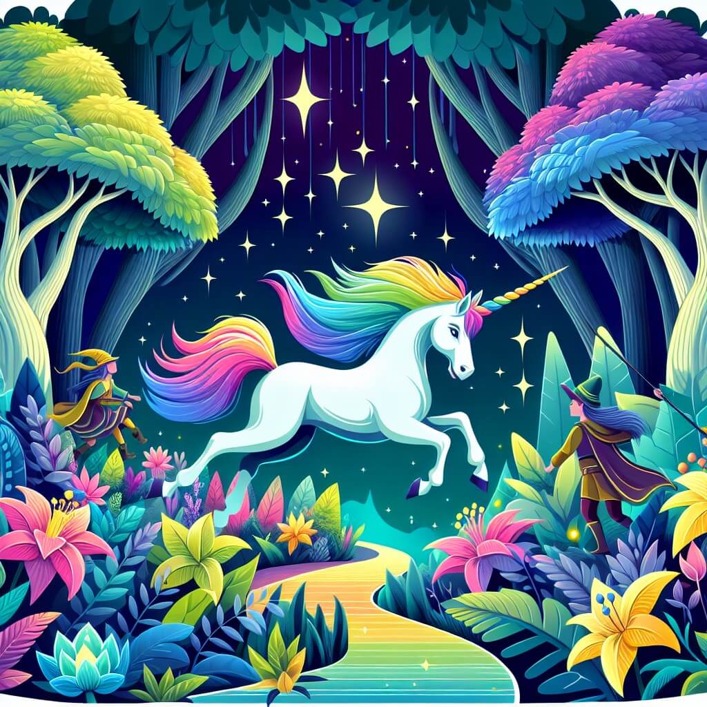 Une illustration destinée aux enfants représentant une magnifique licorne aux couleurs chatoyantes, plongée dans une aventure enchantée avec ses amis, dans un luxuriant et mystérieux bosquet de fleurs phosphorescentes au cœur d'une forêt enchantée.