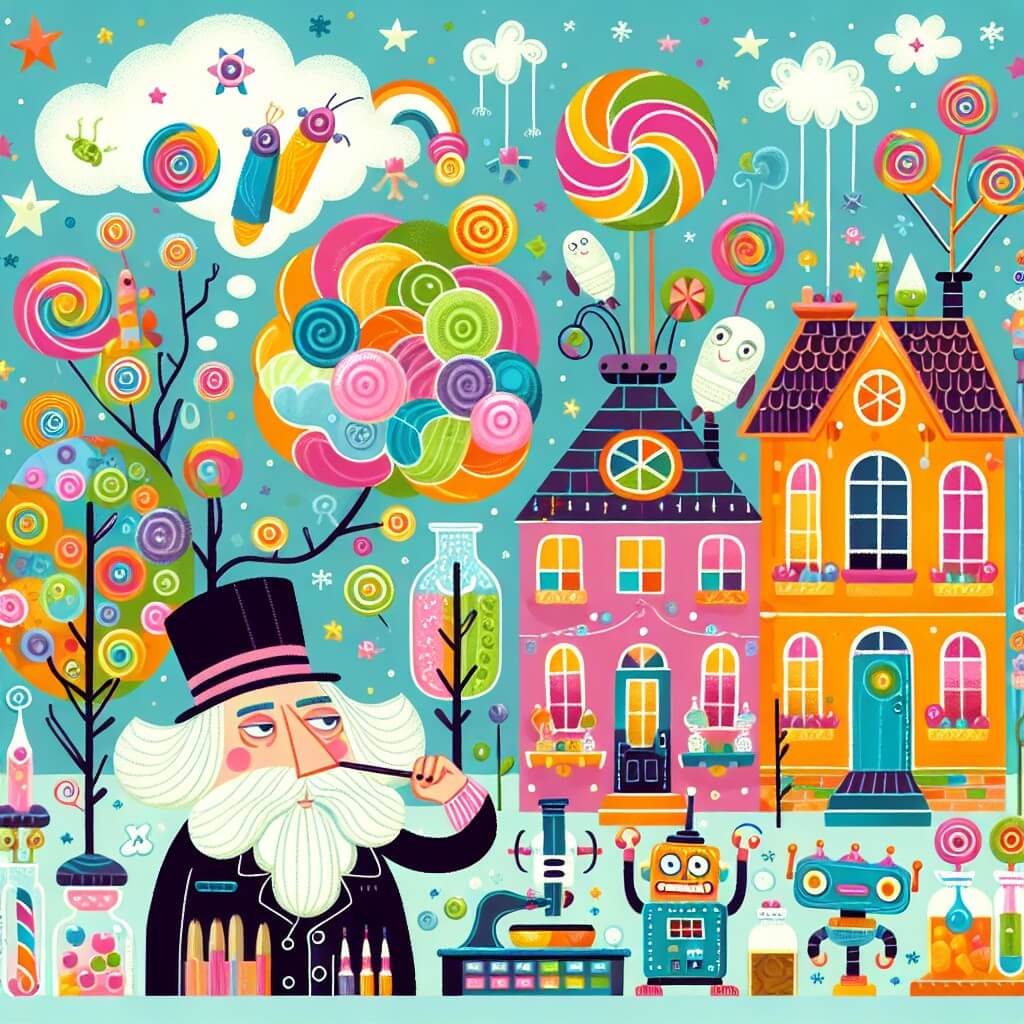Une illustration destinée aux enfants représentant un homme excentrique et rêveur, entouré de ses farfelues inventions, accompagné d'un petit robot rigolo, dans un village coloré rempli de maisons en forme de bonbons et d'arbres aux feuilles en forme de confettis.