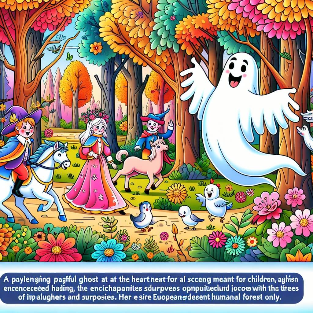 Une illustration destinée aux enfants représentant un fantôme farceur, entouré d'animaux rigolos, dans une forêt enchantée aux arbres multicolores et aux fleurs lumineuses, où ils vivent des aventures pleines de rires et de surprises.