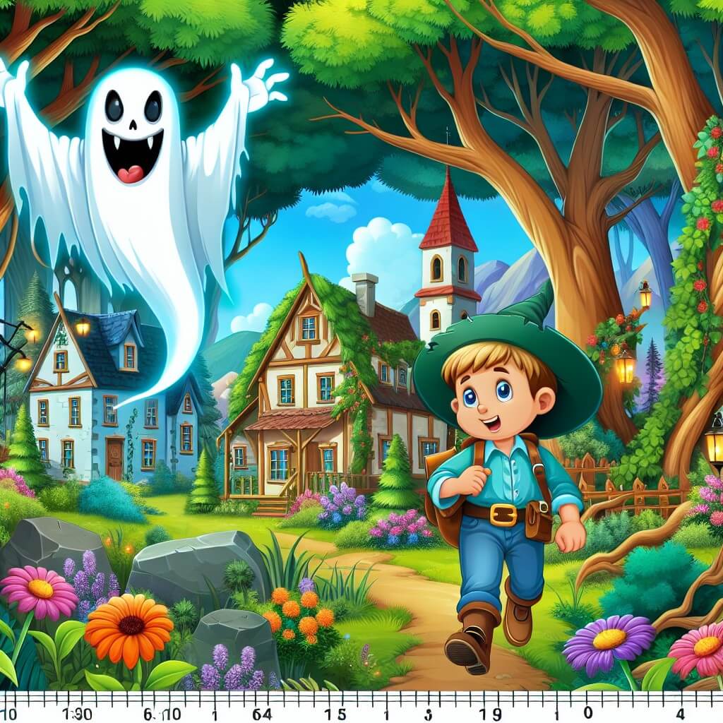 Une illustration destinée aux enfants représentant un fantôme farceur se jouant des habitants d'un village pittoresque, en compagnie d'un jeune garçon aventurier, dans une forêt enchantée aux arbres majestueux et aux fleurs colorées.