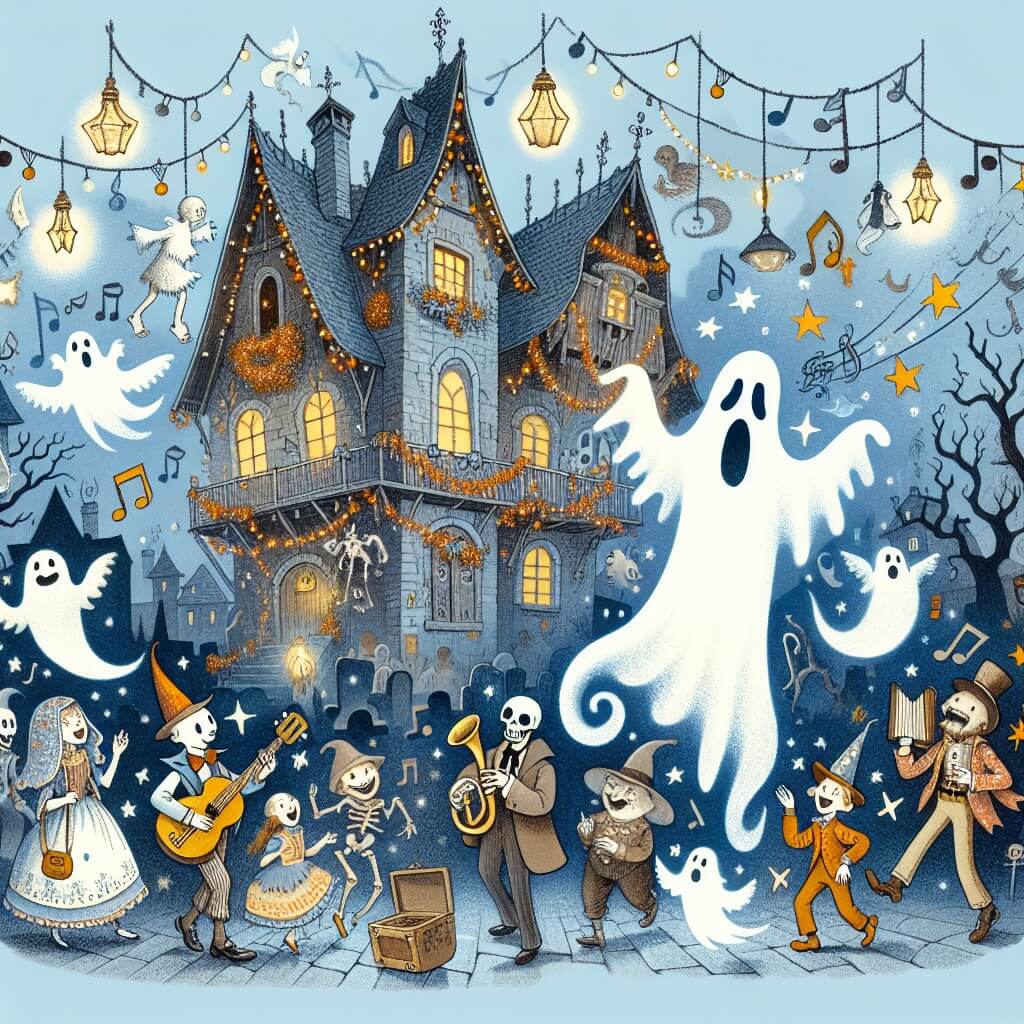 Une illustration destinée aux enfants représentant un fantôme espiègle qui organise une fête de fantômes dans une vieille et mystérieuse maison abandonnée, avec des lumières étincelantes, de la musique effrayante et des créatures fantastiques qui flottent joyeusement dans les rues d'un charmant village enchanté appelé Villa Risueña.