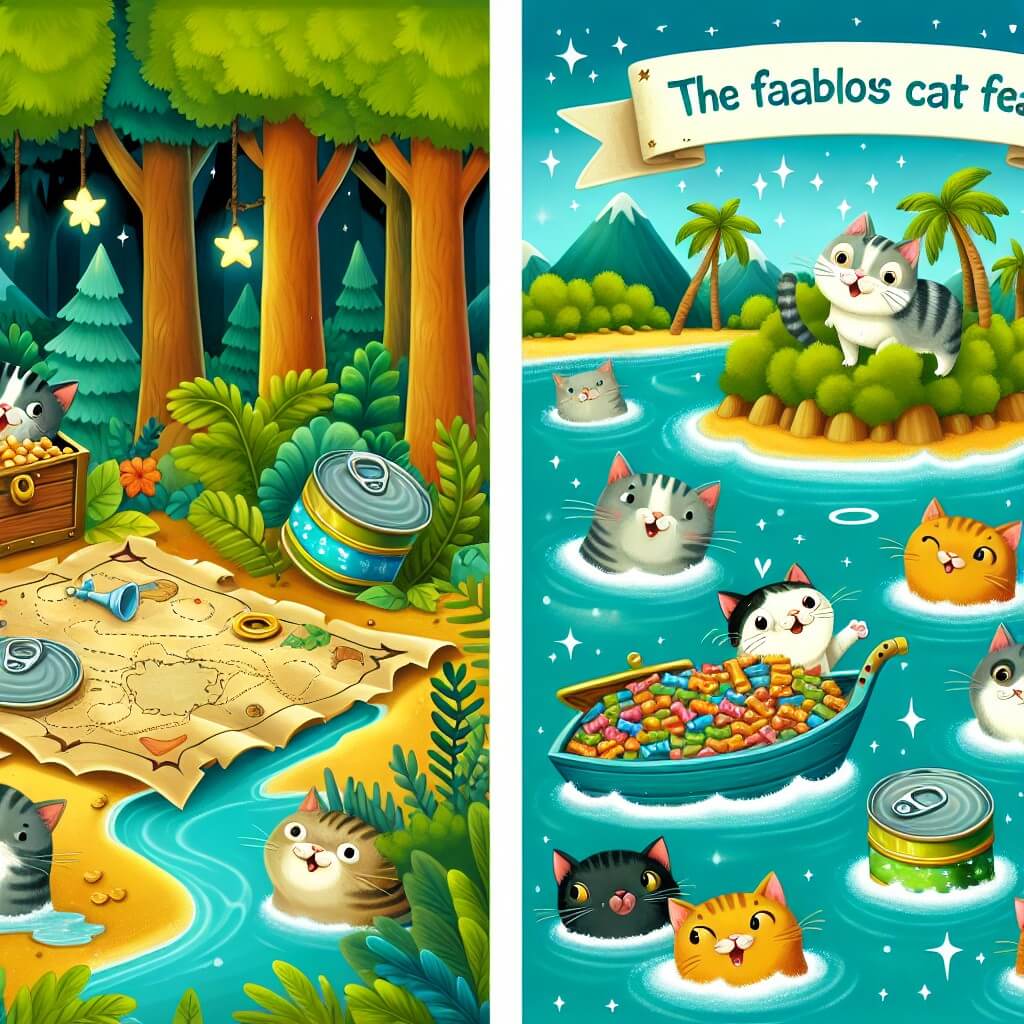 Une illustration destinée aux enfants représentant un chat joueur et curieux découvrant une carte au trésor dans une forêt luxuriante, accompagné d'un groupe de chats marins sur un bateau félin naviguant sur un océan scintillant, en quête d'une île mystérieuse où se trouve un fabuleux festin de boîtes de nourriture pour chats.