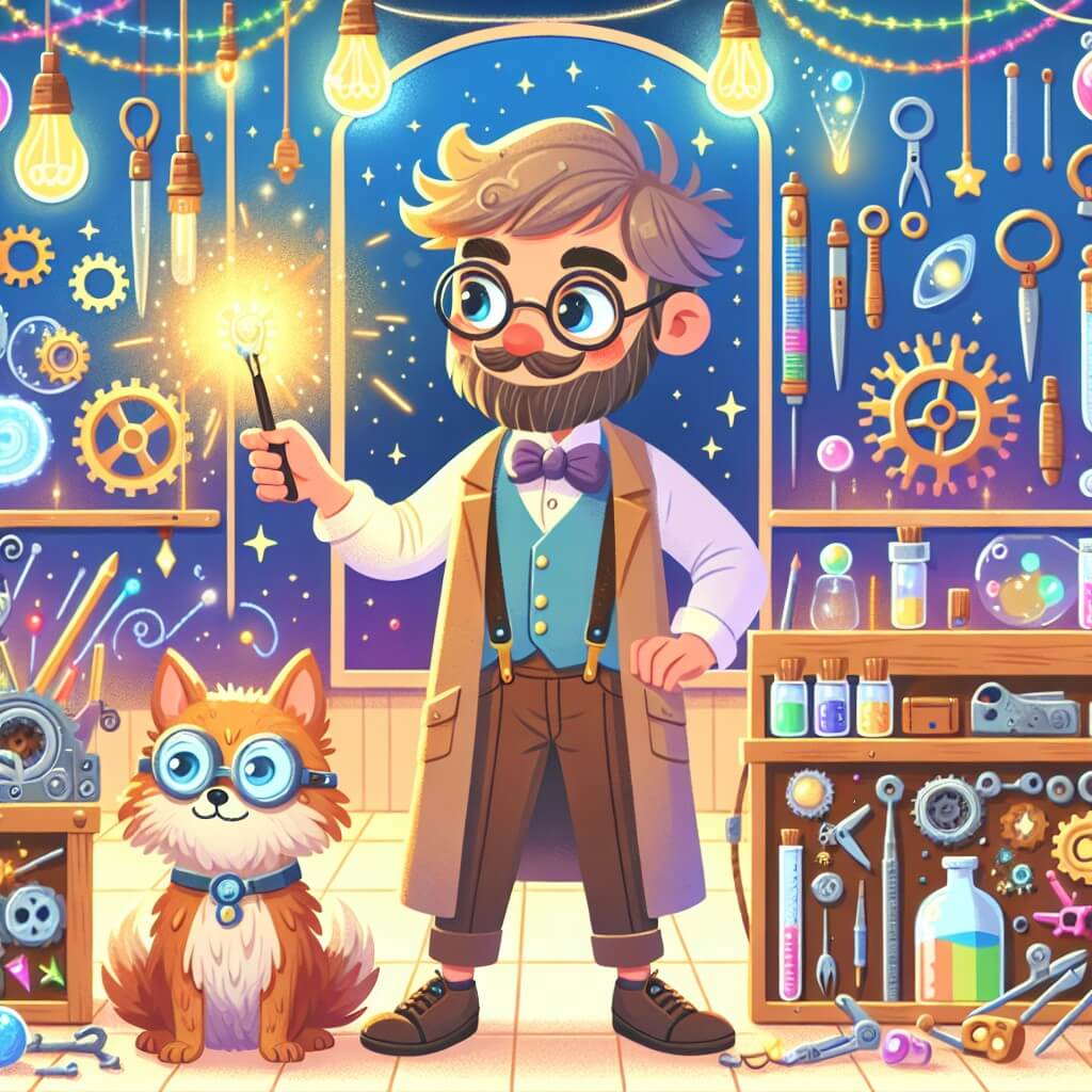 Une illustration destinée aux enfants représentant un inventeur passionné, entouré de ses créations, découvrant un nouveau monde rempli de magie, avec un ami fidèle à ses côtés, dans un atelier coloré et rempli d'outils étincelants.