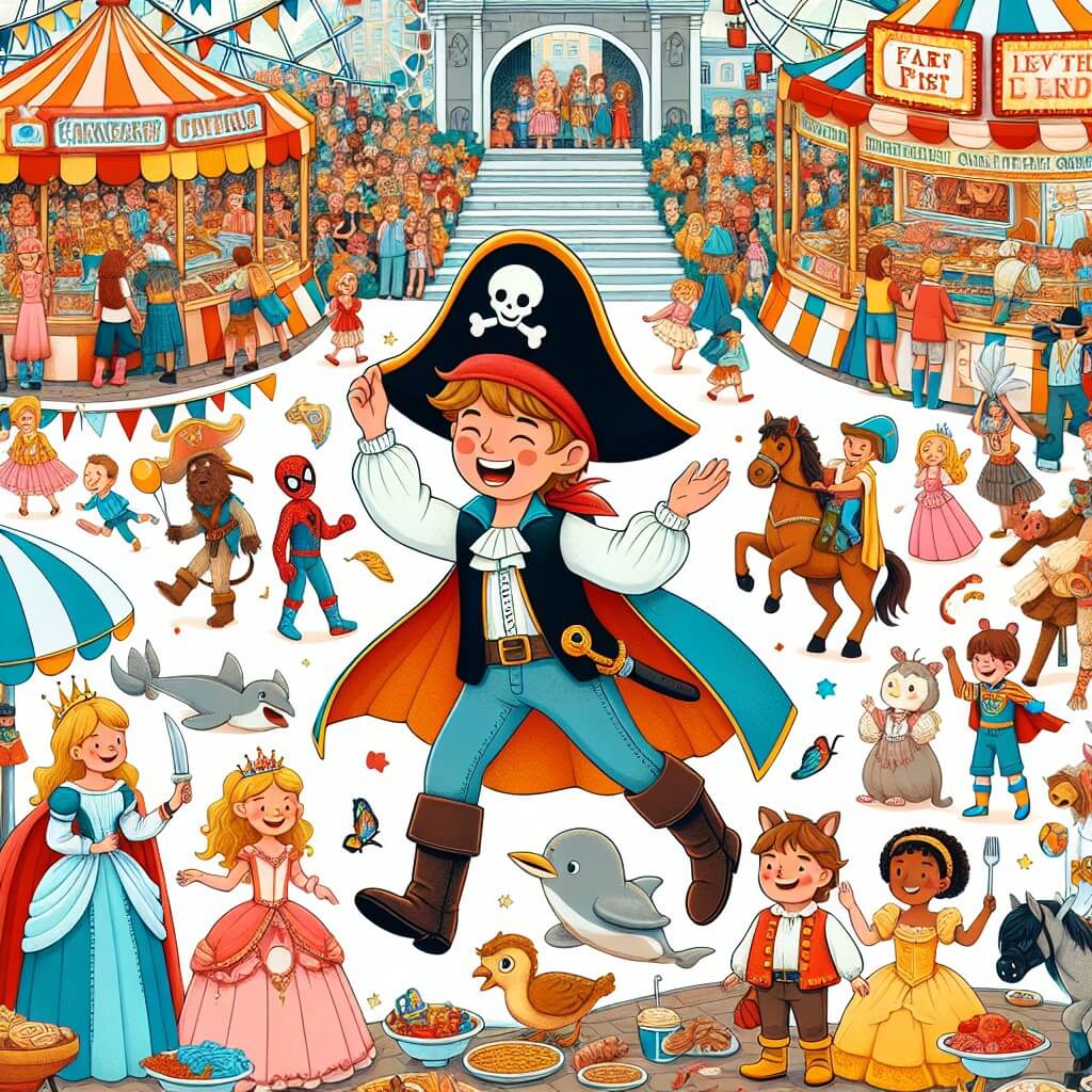 Une illustration destinée aux enfants représentant un petit garçon plein d'enthousiasme, vêtu d'un costume de pirate, qui se prépare à vivre une aventure extraordinaire lors du Grand Carnaval, entouré d'amis déguisés en princesses, superhéros et animaux, dans une place animée et colorée remplie de stands de nourriture, de jeux de fête foraine et de musique enjouée.