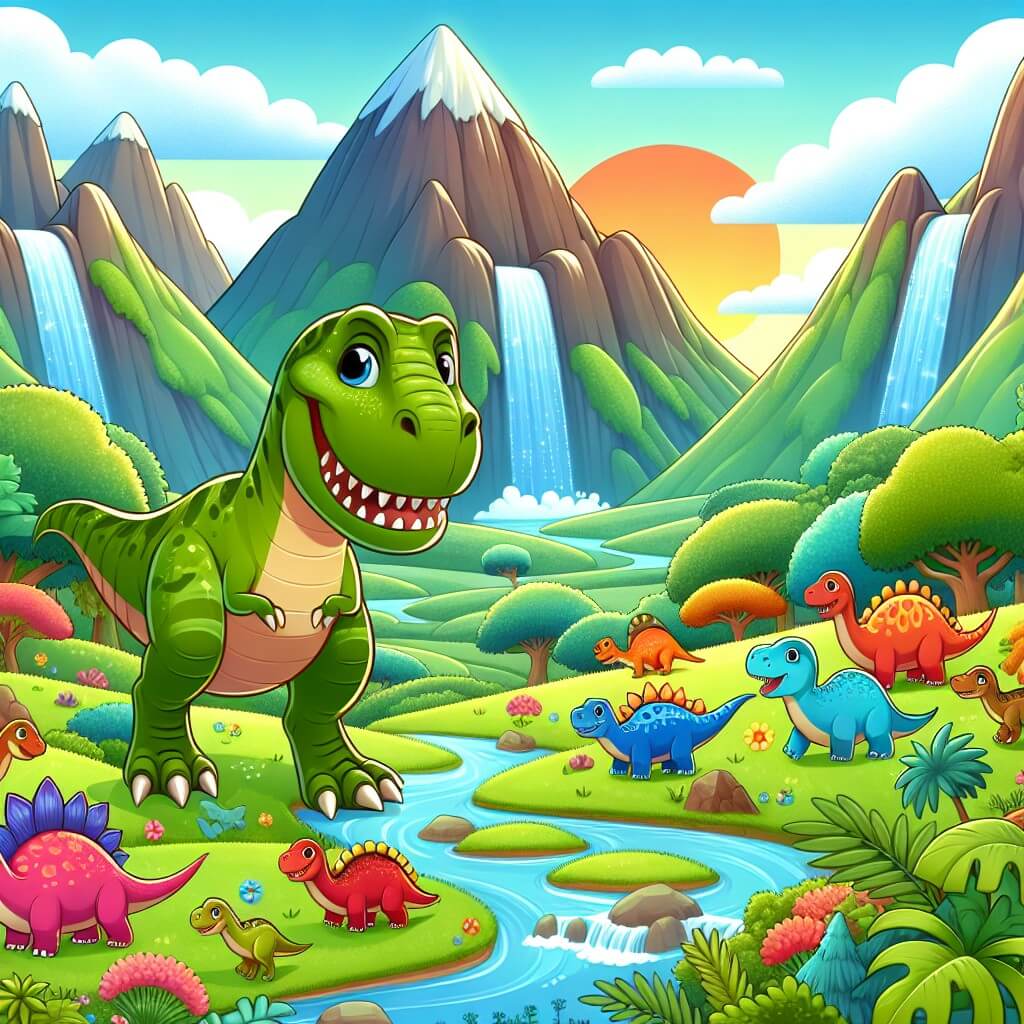 Une illustration destinée aux enfants représentant un puissant et majestueux Tyrannosaure Rex, explorant un vaste et luxuriant valle, accompagné d'un joyeux groupe de dinosaures, dans un paysage vibrant de couleurs, avec des montagnes imposantes, des cascades scintillantes et une végétation luxuriante.