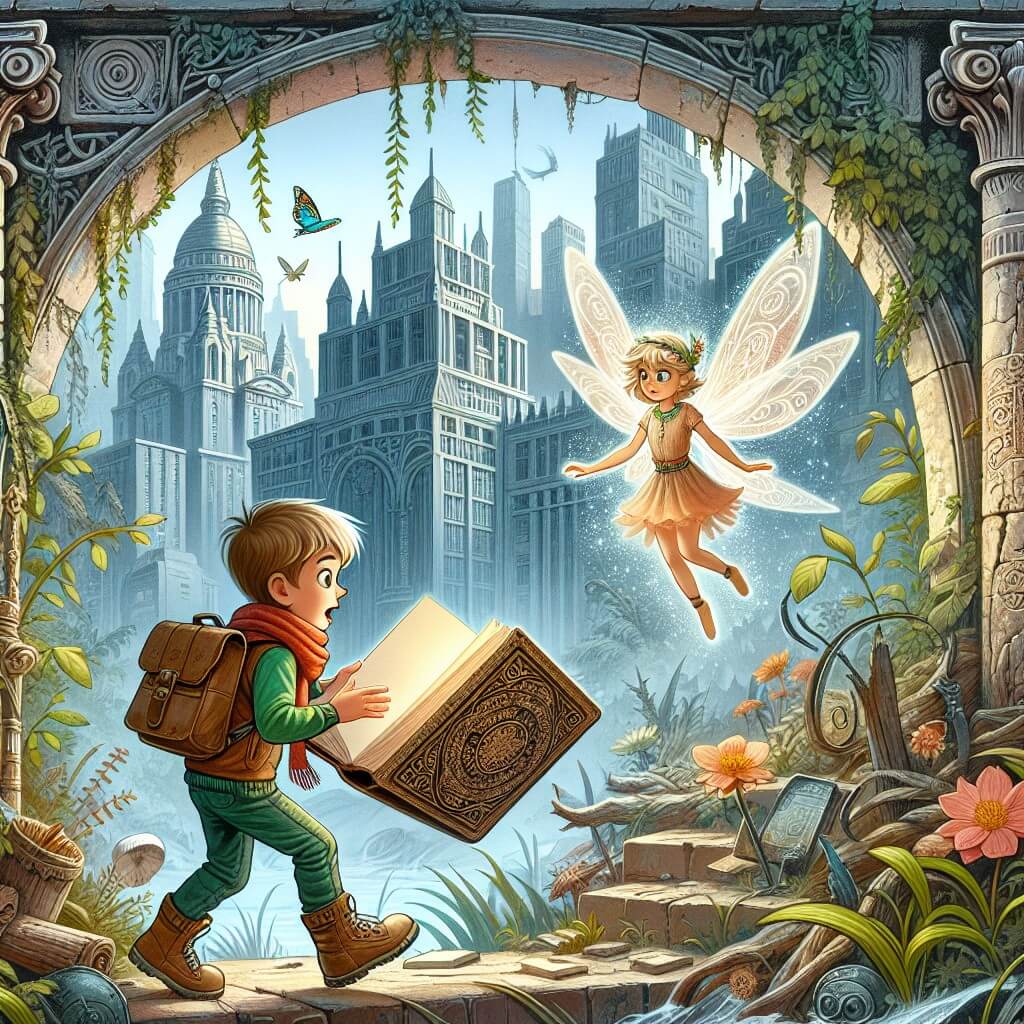 Une illustration destinée aux enfants représentant un petit garçon curieux et aventurier, découvrant un livre ancien qui le transporte dans un monde de fantasy urbaine, où il rencontre un petit et lumineux hada, dans un parc abandonné au cœur de la ville, envahi par la végétation sauvage et mystérieuse.