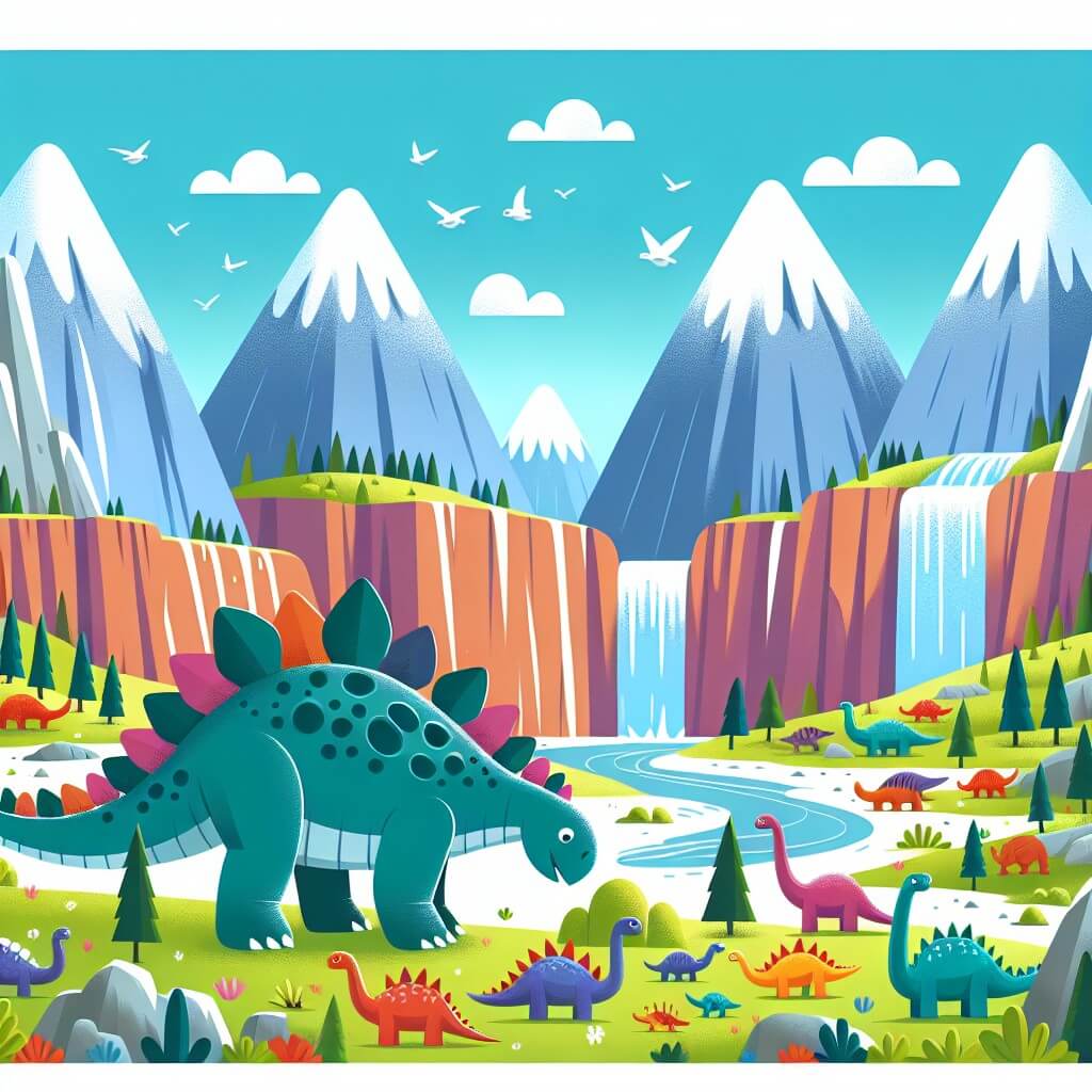 Une illustration destinée aux enfants représentant un stégosaure curieux et aventurier, explorant un vaste valle préhistorique rempli de dinosaures colorés, cascades majestueuses et montagnes imposantes.