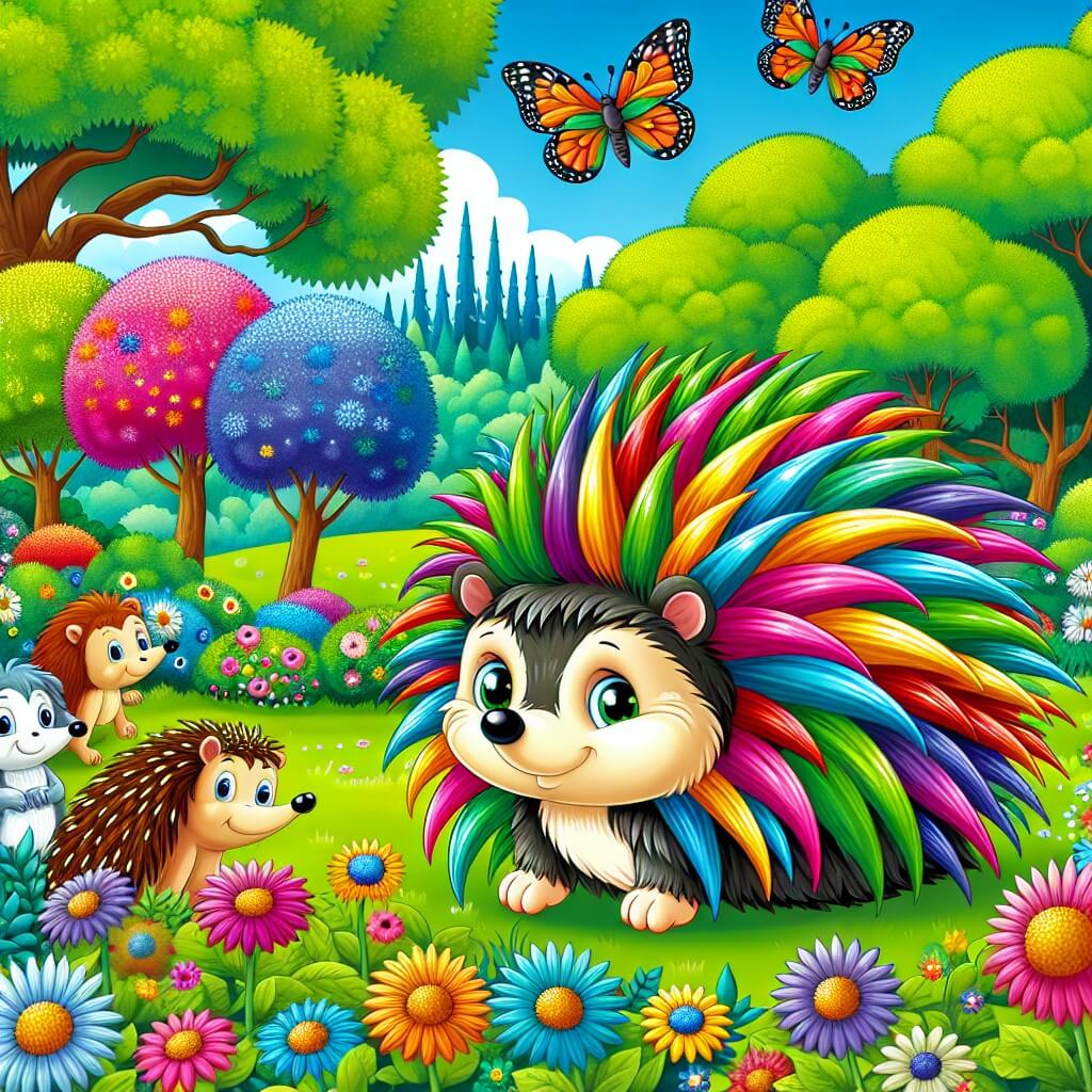 Une illustration destinée aux enfants représentant un hérisson curieux avec des piquants colorés, accompagné d'une joyeuse bande d'animaux, explorant un magnifique et enchanteur bosquet verdoyant rempli de fleurs multicolores et d'arbres majestueux.