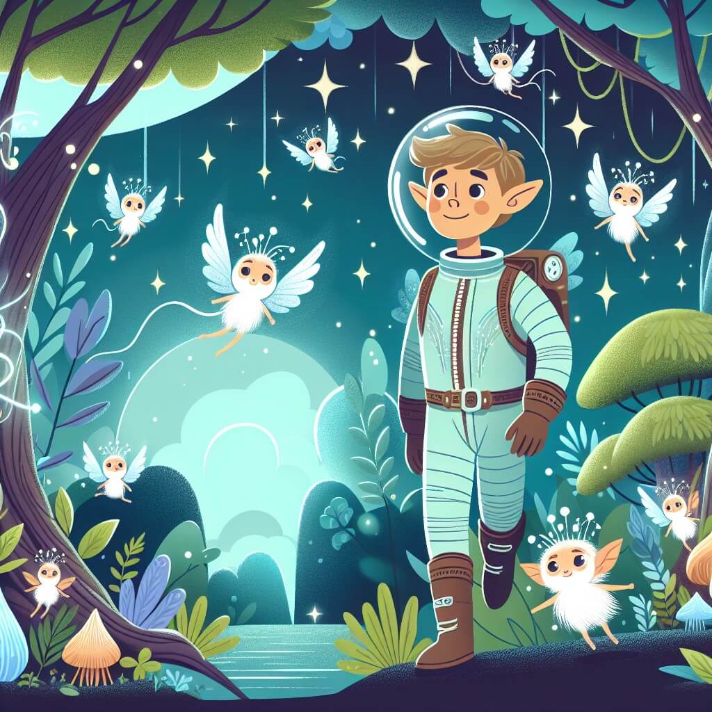 Une illustration destinée aux enfants représentant un homme intrépide, vêtu d'une combinaison spatiale scintillante, explorant un bosquet enchanté rempli d'arbres lumineux et de petites créatures ailées appelées Lumis, sur le mystérieux et luxuriant planète Zafiro.