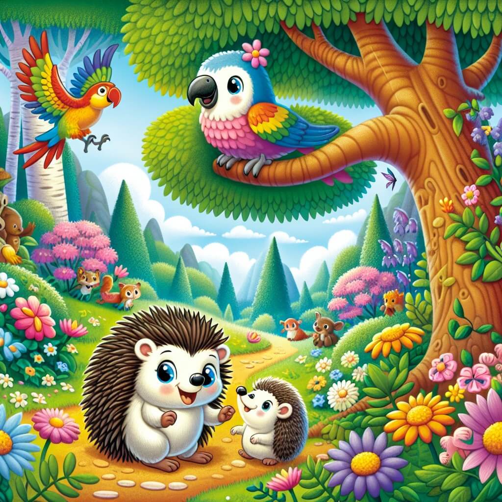 Une illustration destinée aux enfants représentant un hérisson curieux et aventurier, accompagné d'un perroquet bavard, explorant un magnifique bosquet enchanté rempli de fleurs colorées, d'arbres majestueux et d'animaux joyeux.