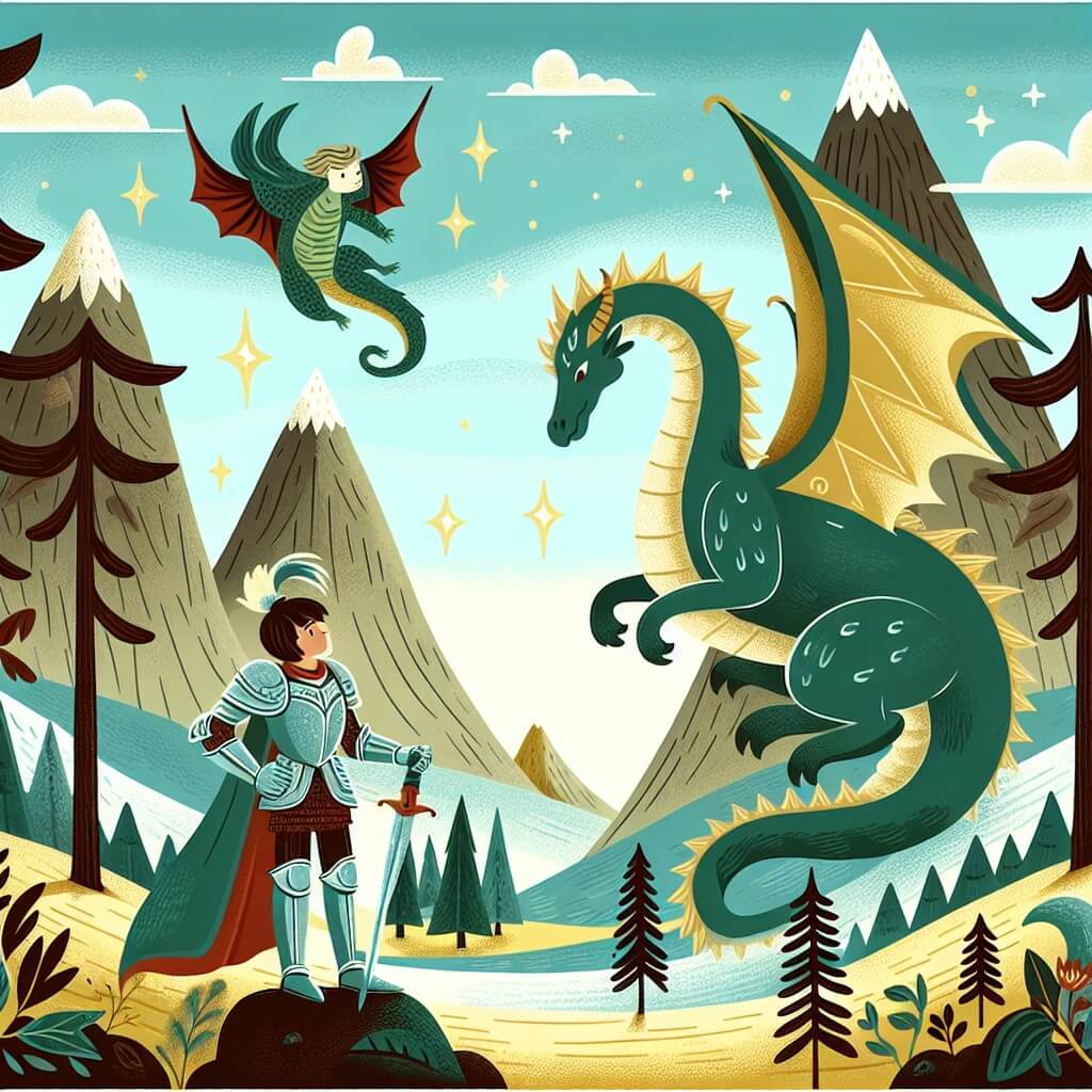 Une illustration destinée aux enfants représentant un homme courageux, vêtu d'une armure étincelante, se tenant face à un dragon majestueux dans un paysage enchanteur, où les montagnes embrassent le ciel et les arbres semblent danser au rythme de la magie.