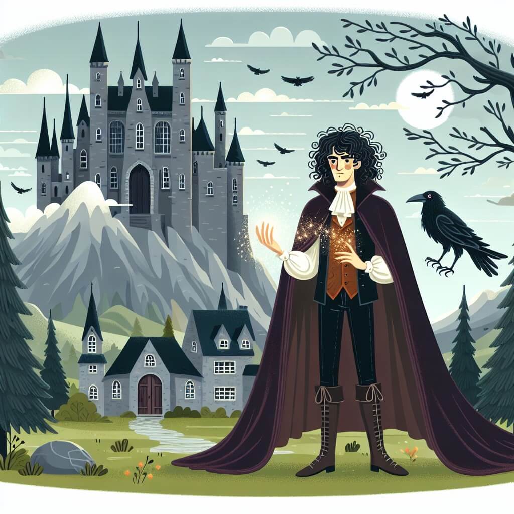 Une illustration destinée aux enfants représentant un homme aux cheveux bouclés, vêtu d'une cape en velours sombre, se tenant devant un imposant château de pierre grise, avec une lueur magique émanant de ses mains, tandis qu'un mystérieux corbeau noir l'observe depuis une branche d'un arbre centenaire, dans un village pittoresque entouré de montagnes majestueuses et de forêts enchantées.