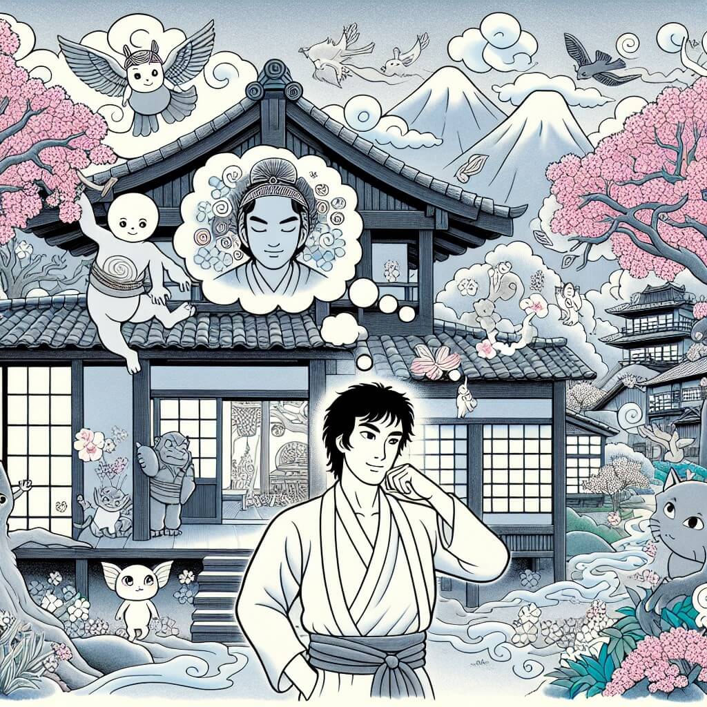 Une illustration destinée aux enfants représentant un homme rêveur, entouré de mystérieuses créatures, dans un paisible village japonais, aux maisons traditionnelles en bois, avec un magnifique jardin de cerisiers en fleurs.