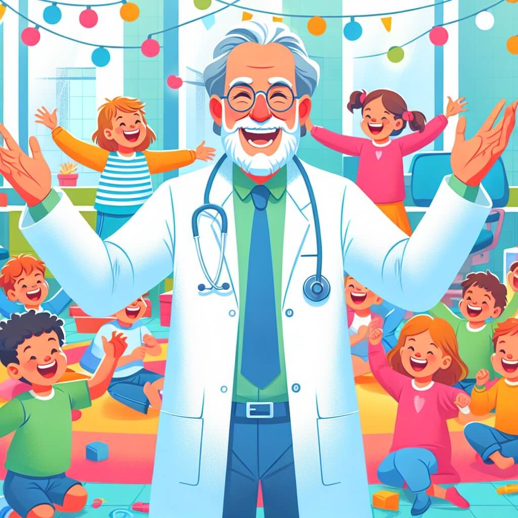 Une illustration destinée aux enfants représentant un médecin passionné, entouré de joyeux enfants, dans un hôpital aux murs colorés et lumineux, rempli de rires et de jeux.