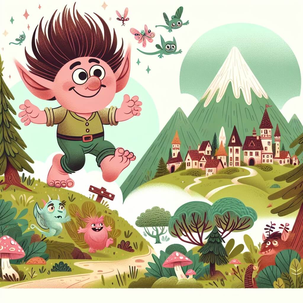 Une illustration destinée aux enfants représentant un adorable troll aux cheveux ébouriffés et aux grands pieds roses, vivant des aventures rigolotes avec son meilleur ami dans un village entouré de montagnes verdoyantes et un magnifique bosquet enchanté rempli de créatures magiques.