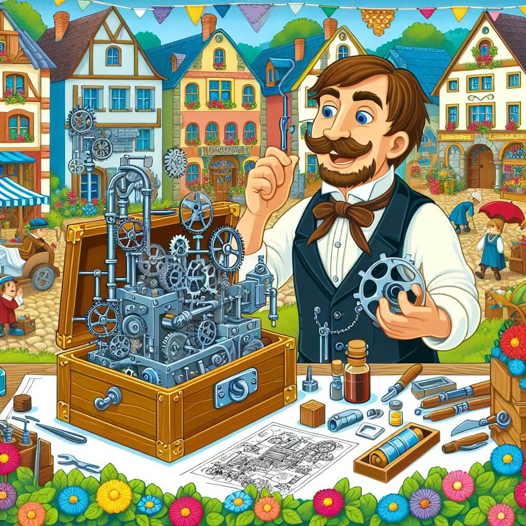 Une illustration destinée aux enfants représentant un inventeur passionné, entouré de ses outils et de ses schémas, découvrant un étrange appareil sur un marché animé d'un petit village pittoresque entouré de maisons colorées et de fleurs multicolores.