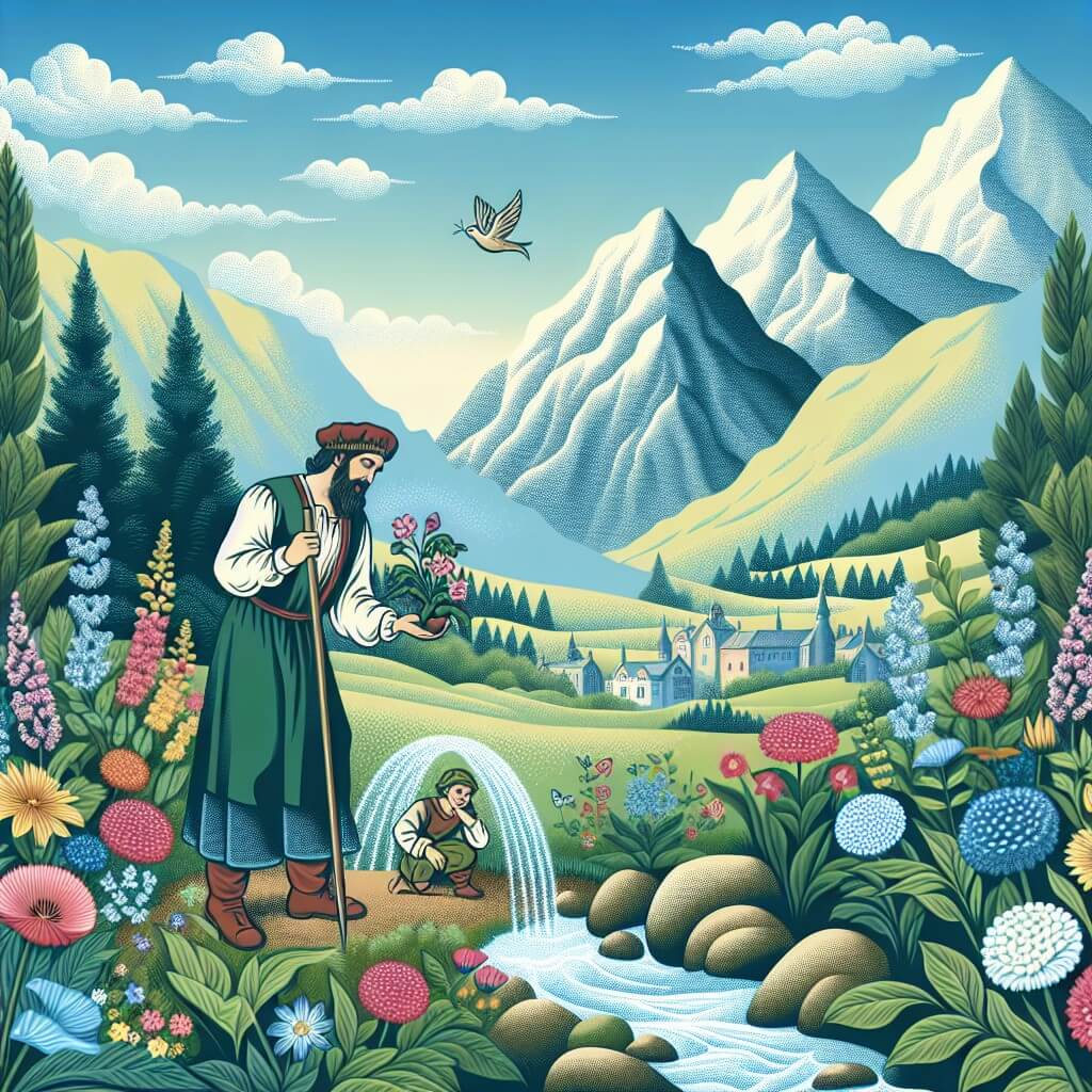 Une illustration destinée aux enfants représentant un homme bienveillant et passionné de jardinage, découvrant un petit duende pleurant dans un magnifique jardin fleuri entouré de montagnes majestueuses et d'un paisible ruisseau.