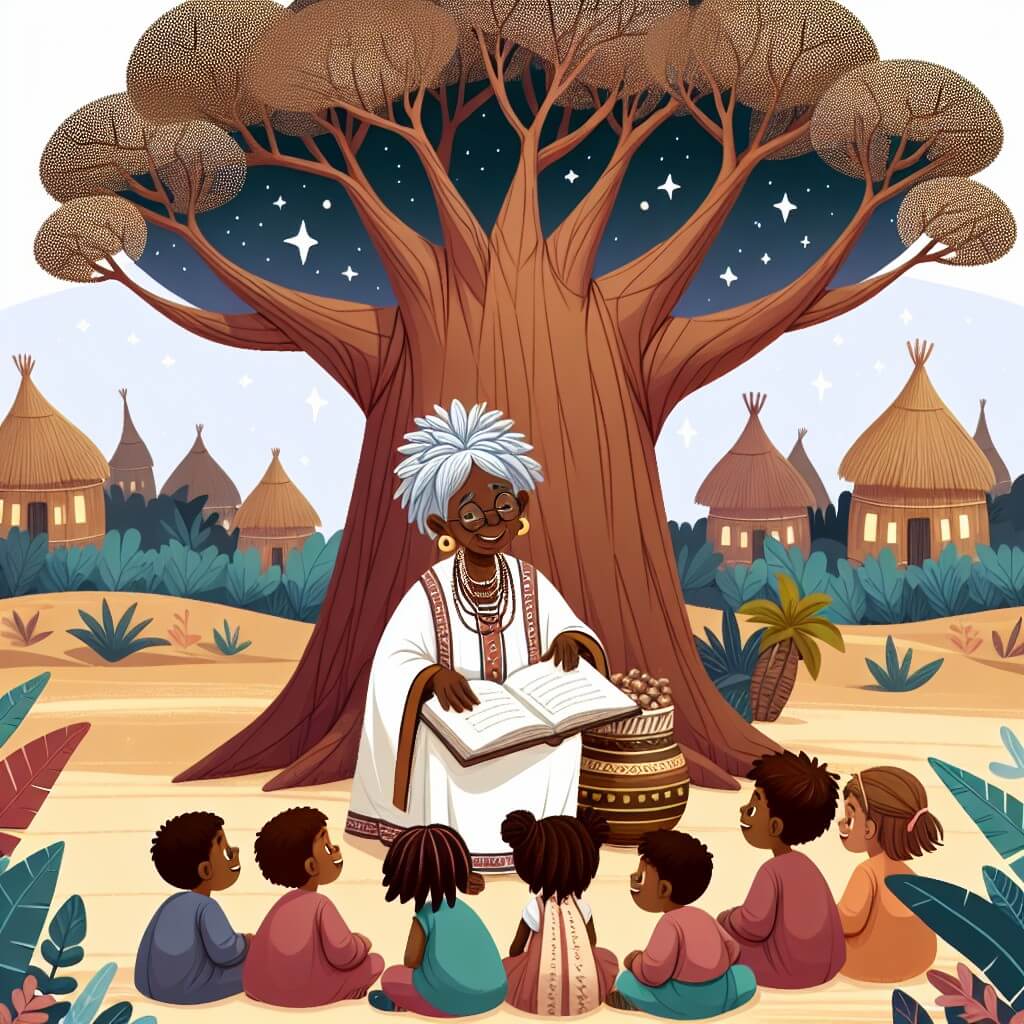 Une illustration destinée aux enfants représentant une femme sage et respectée, entourée d'enfants curieux, sous un majestueux baobab au cœur d'un village africain, où elle partage des contes remplis de magie et de sagesse.