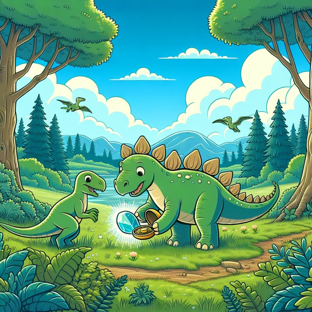 Une illustration destinée aux enfants représentant un stégosaure curieux et amical qui découvre un mystérieux amulette magique, accompagné de son fidèle ami, un petit velociraptor, dans une prairie verdoyante entourée d'arbres majestueux et d'un ciel bleu parsemé de nuages blancs cotonneux.