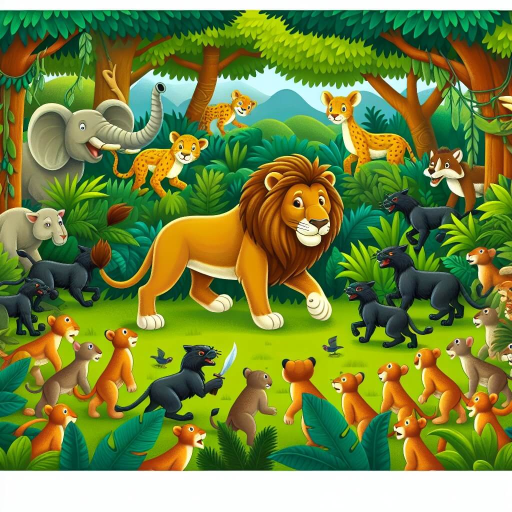 Une illustration destinée aux enfants représentant un majestueux lion, le roi de la jungle, qui se trouve confronté à des chasseurs furtifs, avec une joyeuse assemblée d'animaux de toutes tailles et couleurs, dans une luxuriante et dense forêt africaine.