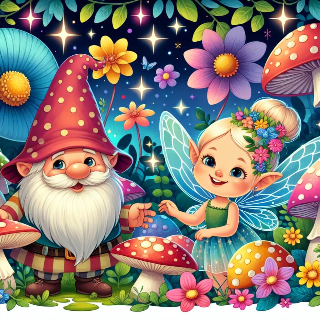 Une illustration destinée aux enfants représentant une fée espiègle, accompagnée d'un petit lutin farceur, dans une forêt enchantée remplie de champignons multicolores et de fleurs lumineuses.