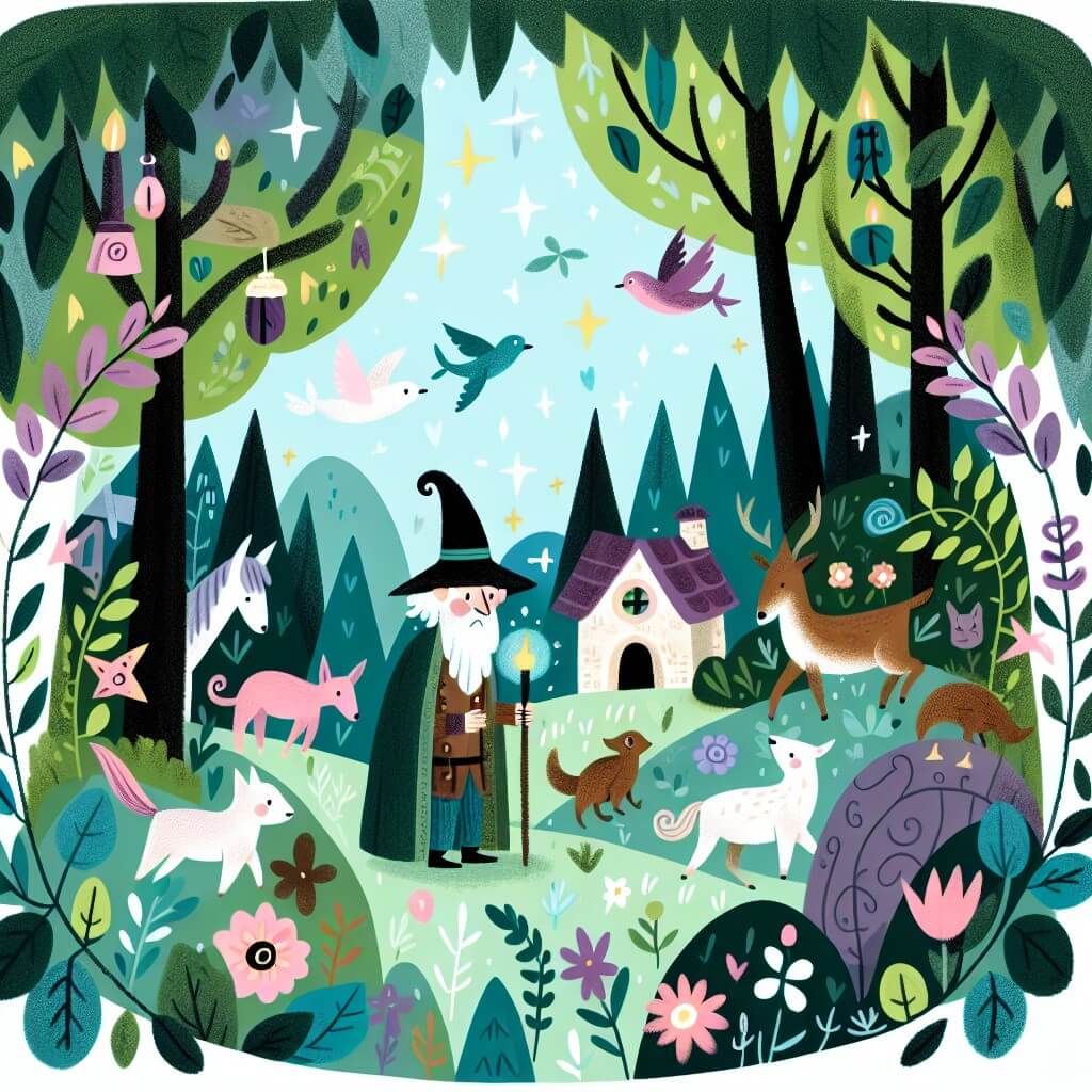 Une illustration destinée aux enfants représentant un mystérieux sorcier, entouré de créatures magiques, explorant un village enchanté situé au cœur d'une forêt luxuriante où les arbres chantent et les fleurs dansent.