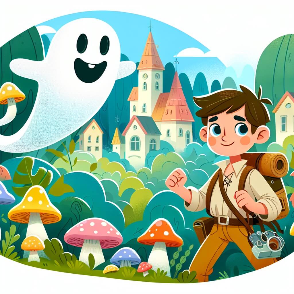 Une illustration destinée aux enfants représentant un fantôme taquin flottant dans une forêt enchantée, accompagné d'un jeune explorateur, au milieu d'un village pittoresque où les maisons sont en forme de champignons colorés.