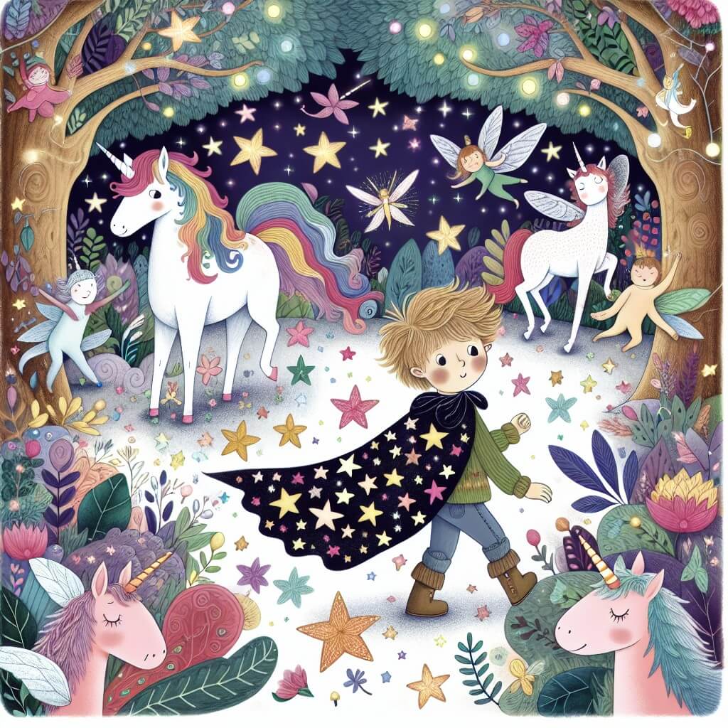 Une illustration destinée aux enfants représentant un petit garçon aux cheveux ébouriffés, vêtu d'une cape étoilée, qui se retrouve accidentellement dans un monde fantastique rempli de licornes multicolores et de lutins farceurs, au cœur d'une forêt enchantée aux arbres lumineux et aux fleurs qui dansent au rythme de la musique des fées.