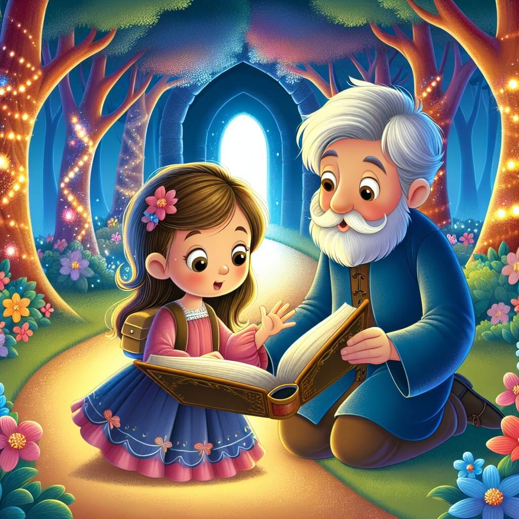 Une illustration destinée aux enfants représentant une petite fille curieuse, plongée dans un livre mystérieux, accompagnée d'un vieil homme vêtu d'une tunique bleue, dans un parc enchanté où des arbres lumineux éclairent un chemin parsemé de fleurs multicolores.
